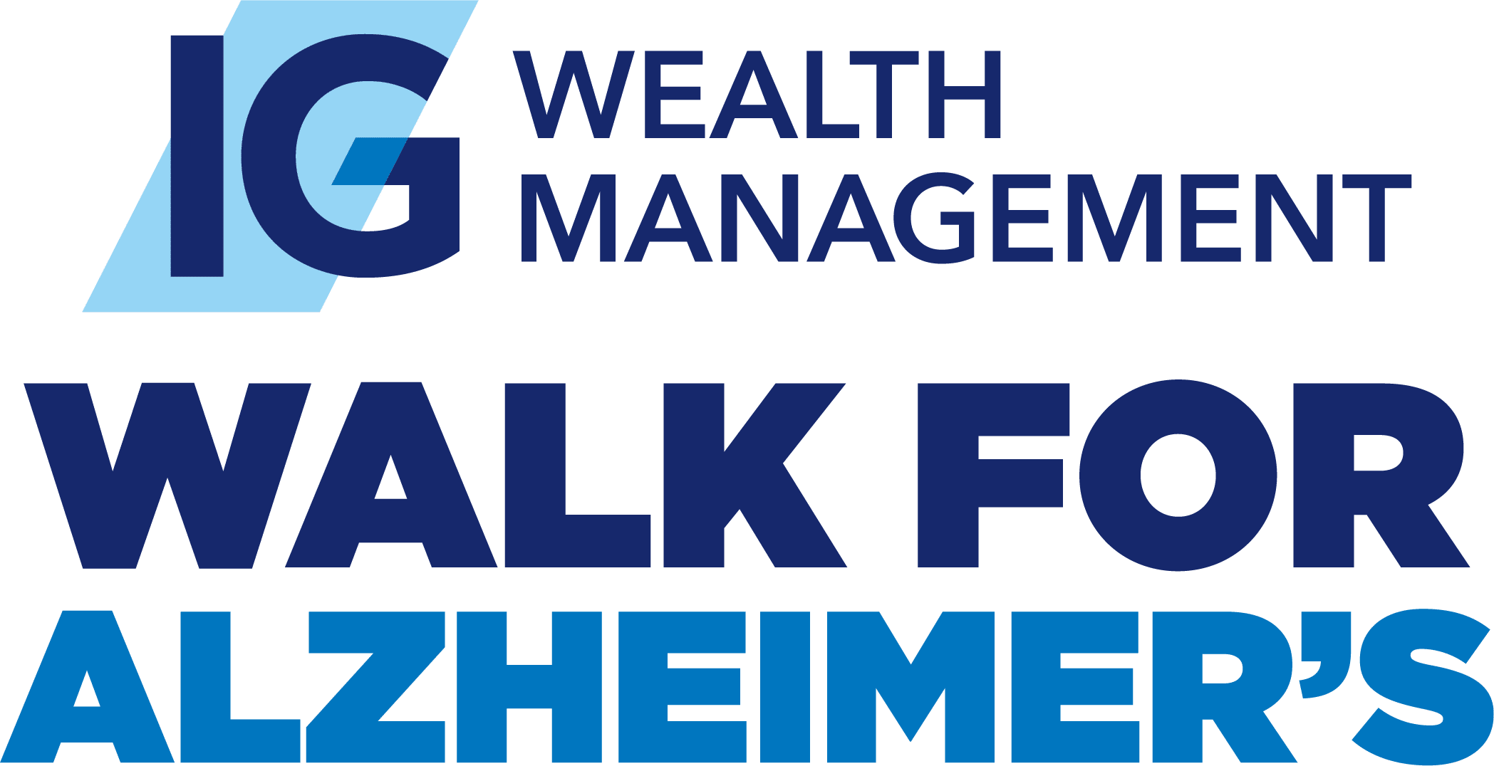 Logo of IG Wealth Management Walk for Alzheimer's event, featuring bold text on a blue gradient background.