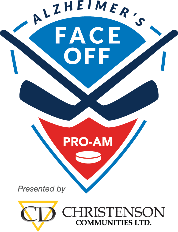 Logo for Alzheimer's Face Off Pro-Am event featuring crossed hockey sticks behind a shield with text, sponsored by Christenson Communities Ltd.